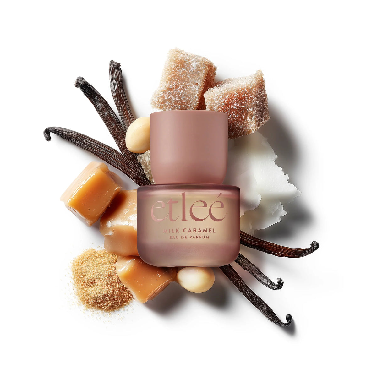 Etleé Milk Caramel eau de parfum bottle with vanilla pods and caramel pieces