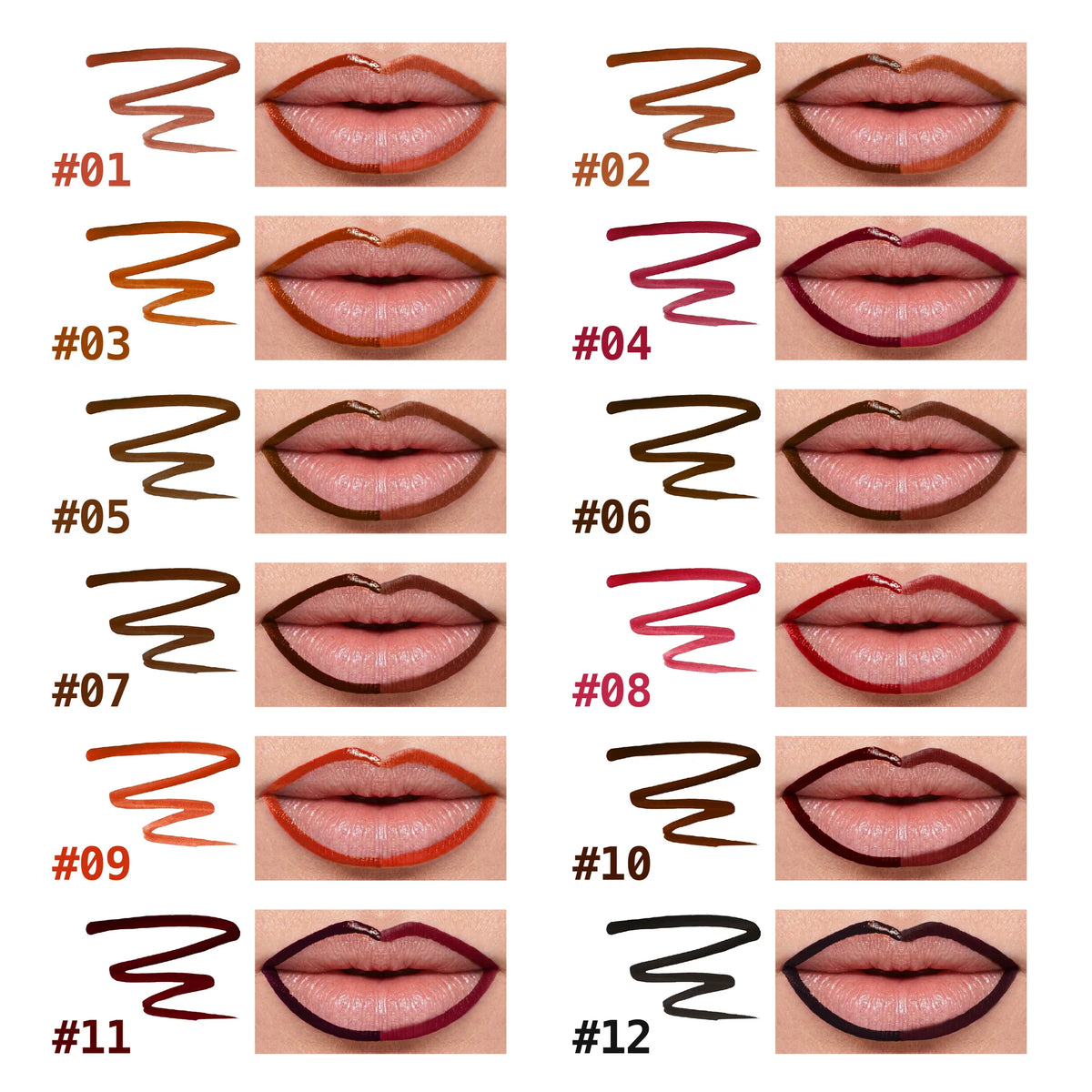Peel-off stain lip liner shade chart with numbered lip swatches.