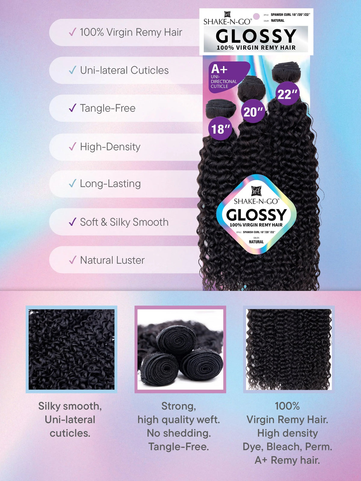 Shake-N-Go - Glossy 100% Virgin Remy Hair 3 Bundles (Spanish Curl)