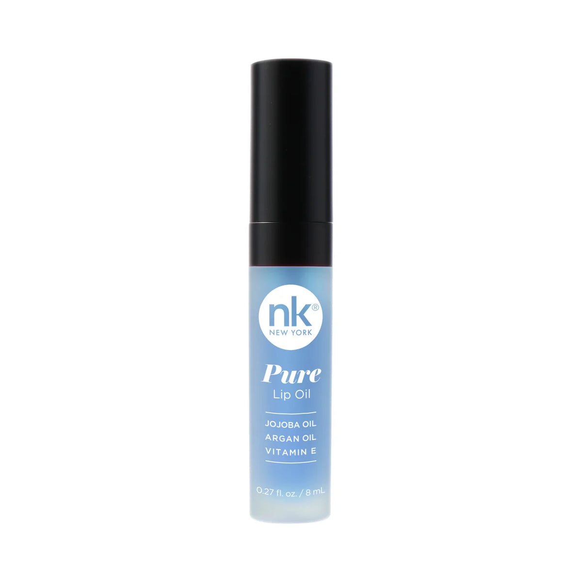 Pure lip oil bottle with blue label, black cap; nk New York branding