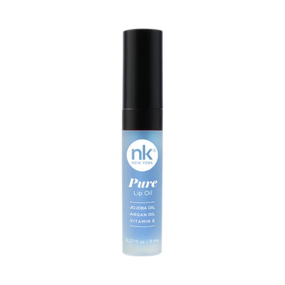 Pure lip oil bottle with blue label, black cap; nk New York branding