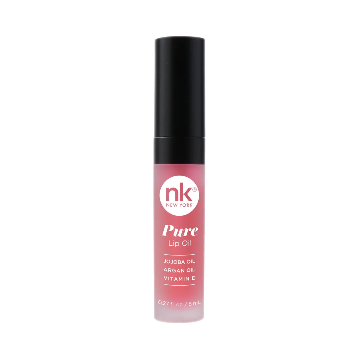 Pure lip oil bottle with black cap and pale pink gloss; nk New York Pure Lip Oil label.