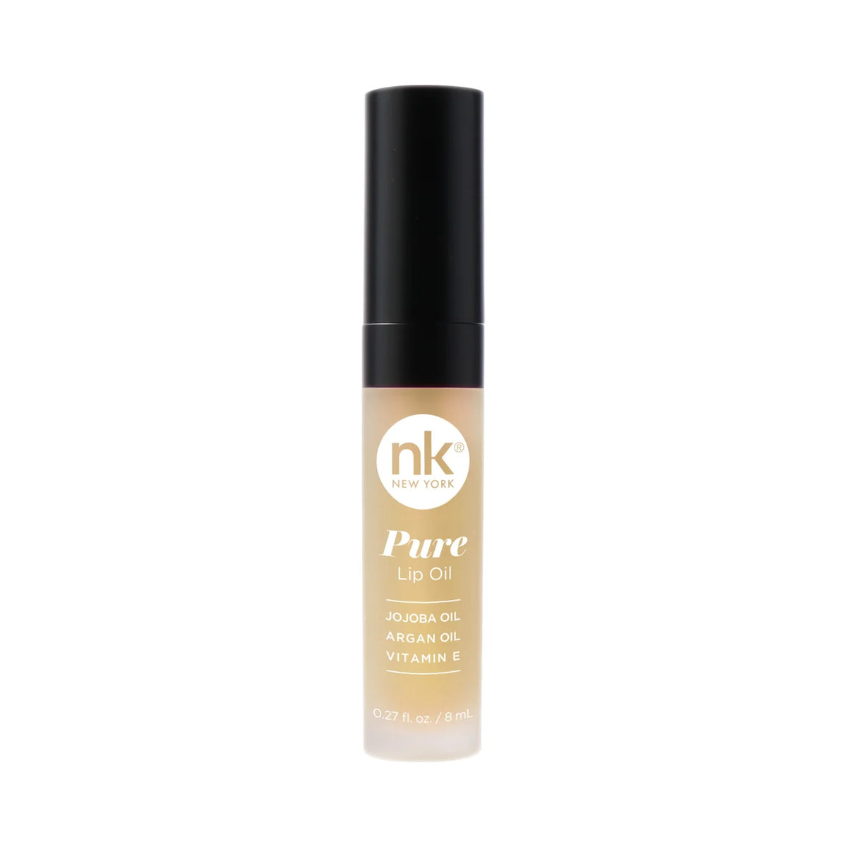 Pure lip oil bottle with black cap and beige-rose gloss; nk New York Pure Lip Oil label.