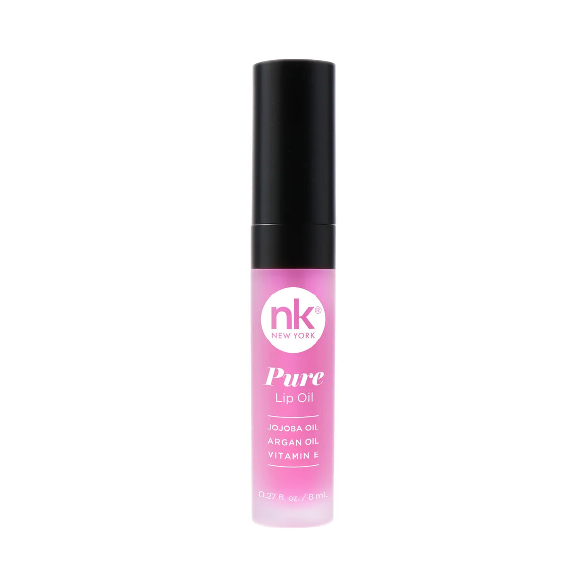 Pure lip oil bottle with black cap and bright pink gloss; front label with ingredients text.