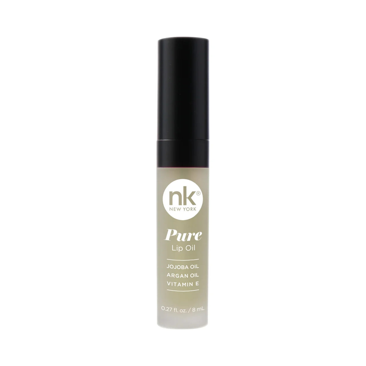 Pure lip oil bottle with black cap and light beige gloss; nk New York Pure Lip Oil label.