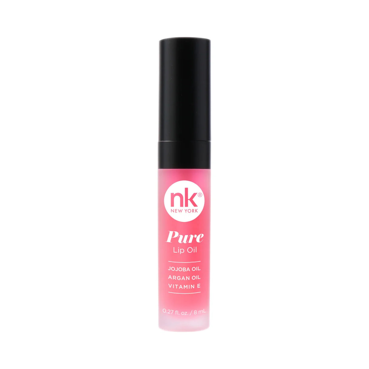 Pure lip oil bottle with black cap and rosy pink gloss; nk New York Pure Lip Oil branding.