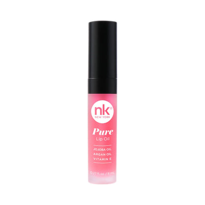 Pure lip oil bottle with black cap and rosy pink gloss; nk New York Pure Lip Oil branding.