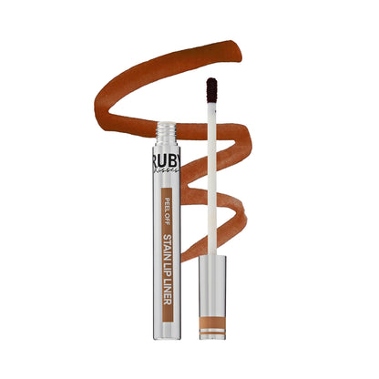 Peel-off stain lip liner set with doe-foot applicator, warm caramel-brown shade.