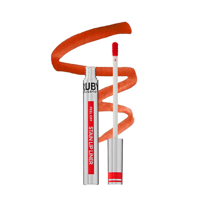 Peel-off stain lip liner in orange-red, with applicator and tube packaging