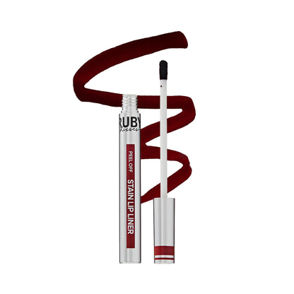 Peel-off stain lip liner in deep burgundy, with applicator and tube packaging
