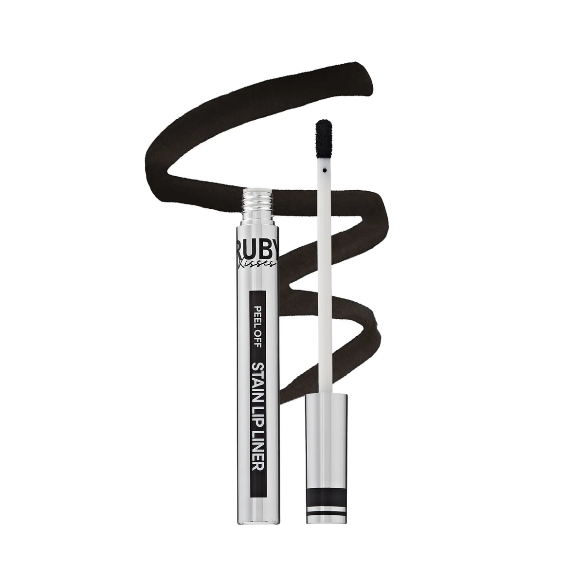 Peel-off stain lip liner in black, with applicator and tube packaging