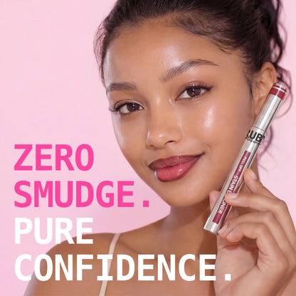 Peel-off stain lip liner with applicator brush, rose-pink shade, held near lips.