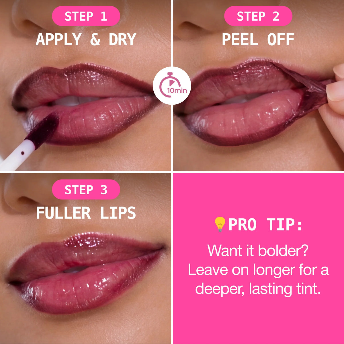 Peel-off lip stain on lips showing apply-and-dry, peel-off, and fuller tint steps.