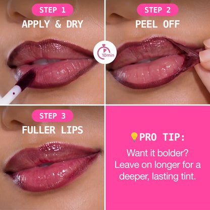 Peel-off lip stain on lips showing apply-and-dry, peel-off, and fuller tint steps.