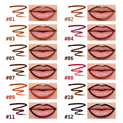Peel-off stain lip liner shade chart with numbered lip swatches.